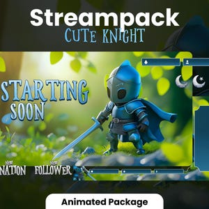 May include: Animated stream overlay featuring a cute blue knight character with a sword, green foliage, and the text "Starting Soon".
