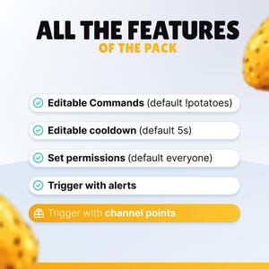 K&ouml;nnte beinhalten: Grafik mit dem Text "ALL THE FEATURES OF THE PACK". Zu den Funktionen geh&ouml;ren editierbare Befehle, Abklingzeiten, Berechtigungen, Warnungen und Kanalpunkte. Zwei Kartoffel-Illustrationen im Hintergrund.