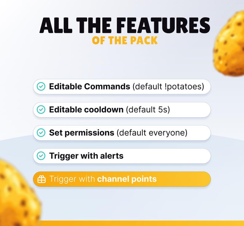 K&ouml;nnte beinhalten: Grafik mit dem Text "ALL THE FEATURES OF THE PACK". Zu den Funktionen geh&ouml;ren editierbare Befehle, Abklingzeiten, Berechtigungen, Warnungen und Kanalpunkte. Zwei Kartoffel-Illustrationen im Hintergrund.