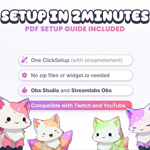 May include: A promotional graphic with the text "SETUP IN 2MINUTES" and "PDF SETUP GUIDE INCLUDED." It lists features like "One ClickSetup," and compatibility with Twitch and YouTube. Four cartoon foxes in pink, orange, green, and purple are at the bottom.