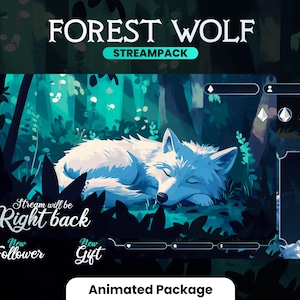Puede incluir: Paquete de transmisión animado para Twitch o YouTube con un lobo blanco durmiendo en un bosque oscuro con follaje verde. El paquete incluye una pantalla 'Right Back', una alerta 'Nuevo Seguidor' y una alerta 'Nuevo Regalo'. El texto 'FOREST WOLF STREAMPACK' está en la parte superior de la imagen.