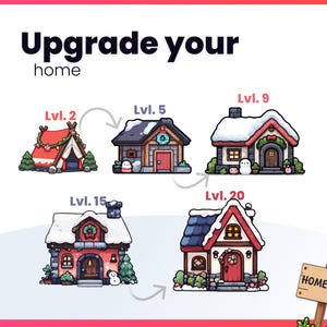 May include: An illustrated guide to upgrading a home, starting with a tent and evolving into a house. Text reads "Upgrade your home" with level indicators like "Lvl. 2" and "Lvl. 5" marking each stage of the upgrade.