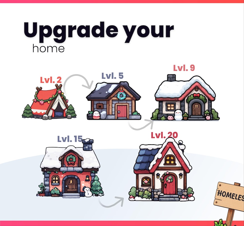 May include: An illustrated guide to upgrading a home, starting with a tent and evolving into a house. Text reads "Upgrade your home" with level indicators like "Lvl. 2" and "Lvl. 5" marking each stage of the upgrade.