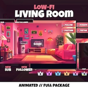 Puede incluir: Superposición de transmisión de Twitch animada con un tema de sala de estar rosa y naranja. La superposición incluye botones para "Seguir YouTube", "Donar TikTok", "Nuevo suscriptor", "Nuevo seguidor" y "Chat". El texto "LOW-FI LIVING ROOM" está en la parte superior de la superposición. El texto "ANIMATED // FULL PACKAGE" está en la parte inferior de la superposición.