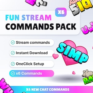 May include: A digital graphic promoting a "Fun Stream Commands Pack." The design features the text "FUN STREAM COMMANDS PACK" in bold letters. Additional text includes "Stream commands," "Instant Download," and "OneClick Setup." Decorative elements include hearts and cartoon graphics.