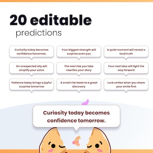 May include: A graphic with the text "20 editable predictions" and several fortune cookie-style predictions. One prediction reads "Curiosity today becomes confidence tomorrow." The image has a light background with a cartoon fortune cookie.