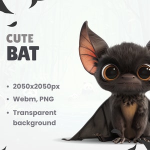 May include: A cute cartoon bat with large brown eyes and black fur. The bat is sitting on a white background with its wings spread out.