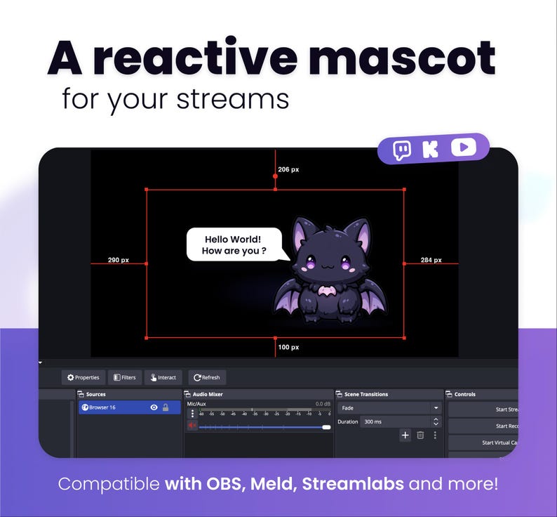 May include: A digital graphic showing a reactive bat mascot for streams, featuring the text A reactive mascot for your streams, Hello World! How are you ?, and Compatible with OBS, Meld, Streamlabs and more! The interface displays software controls.