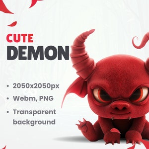 Puede incluir: Un lindo demonio de dibujos animados rojo con cuernos y alas. El demonio tiene una expresión traviesa y está sentado sobre un fondo blanco.