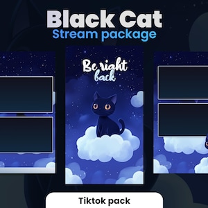 Tiktok ストリームパック | 雲の上の黒猫 | 月光 | 星 | オーバーレイ キット | アニメーション | HD | シーン、アラート、オーバーレイ... | 真夜中の低ファイ