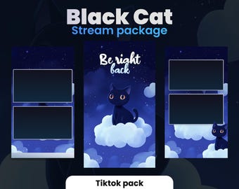 Tiktok Streampack | Black Cat on a cloud | Moonlight | Stars | Overlays kit | Animated | HD | Scenes, Alerts, Overlays... | Midnight low-FI