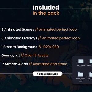 Puede incluir: Un fondo oscuro con texto naranja que enumera el contenido de un paquete de streaming. El texto dice: "Incluido En el paquete 3 Escenas animadas // Bucle animado perfecto 8 Superposiciones animadas // Bucle animado perfecto 1 Fondo de streaming // 1920x1080 Kit de superposici&oacute;n // M&aacute;s de 15 activos 7 Alertas de streaming // Animadas y est&aacute;ticas + Gu&iacute;a de configuraci&oacute;n de Obs". Hay cuatro cuadrados peque&ntilde;os debajo del texto, cada uno con un t&iacute;tulo diferente: "PARTE 1 - Escenas", "PARTE 2 - Superposiciones", "PARTE 3 - Kit de superposici&oacute;n" y "PARTE 4 - Otros".