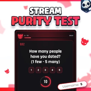 Op de afbeelding: Een digitale interface getiteld Stream Purity Test met een donkere kaart met rode accenten. Het scherm toont vraag Q02: How many people have you dated? (1 few - 5 many) met genummerde knoppen 1 tot en met 5 en een afteltimer op 10.