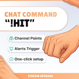 Könnte beinhalten: Eine digitale Grafik mit dem Text CHAT COMMAND !HIT in fetten orangefarbenen und schwarzen Buchstaben. Darunter befinden sich drei weiße Schaltflächen mit türkisfarbenen Symbolen für Channel Points, Alerts Trigger und One-click setup. Unten steht STREAM UPGRADE.