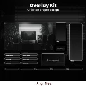 May include: Black and white digital overlay kit with the text "Overlay Kit" and "Cr&eacute;e ton propre design". The image includes chat boxes, transparent boxes, and various notification bars. The file type is .png.