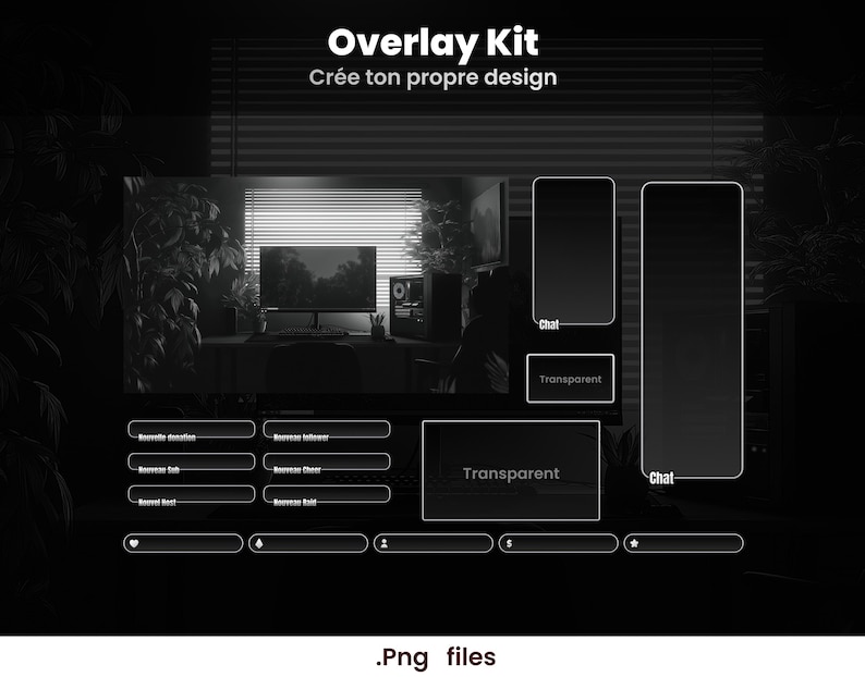 May include: Black and white digital overlay kit with the text "Overlay Kit" and "Cr&eacute;e ton propre design". The image includes chat boxes, transparent boxes, and various notification bars. The file type is .png.