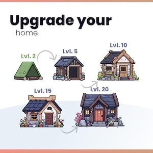 K&ouml;nnte beinhalten: Eine Illustration mit dem Text "Upgrade your home" und Bildern von H&auml;usern auf verschiedenen Ebenen. Die H&auml;user entwickeln sich von einem gr&uuml;nen Zelt auf Stufe 2 zu einem detaillierten Haus auf Stufe 20, mit Pfeilen, die Upgrades anzeigen.