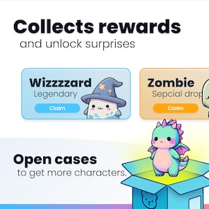 May include: An image with the text "Collects rewards and unlock surprises." It features cartoon characters, including a wizard, a zombie, and a dragon. The text "Wizzzzard Legendary Claim" and "Zombie Sepcial drop Claim" are also visible.