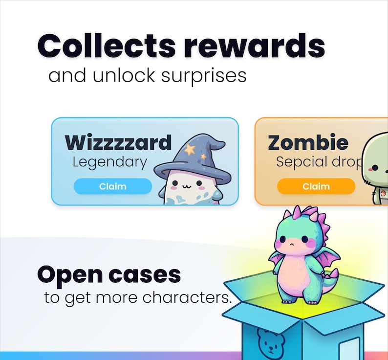 May include: An image with the text "Collects rewards and unlock surprises." It features cartoon characters, including a wizard, a zombie, and a dragon. The text "Wizzzzard Legendary Claim" and "Zombie Sepcial drop Claim" are also visible.