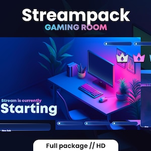 Op de afbeelding: Een blauwe en roze gaming room stream pack overlay met een computermonitor, toetsenbord, muis en planten. De tekst "Stream is currently Starting" wordt weergegeven op de overlay. De tekst "Full package // HD" wordt onderaan de overlay weergegeven.