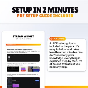 Pu&ograve; includere: Una guida digitale per l'impostazione di un widget di streaming, con il testo "SETUP IN 2 MINUTES" e "PDF SETUP GUIDE INCLUDED". La guida include istruzioni passo passo e screenshot per una facile configurazione.