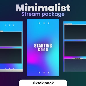 Könnte beinhalten: Ein minimalistisches TikTok-Stream-Paket mit blauem Hintergrund und einem Farbverlauf von Pink und Lila. Das Paket enthält einen Startbildschirm, eine Chatbox und einen Live-Stream-Bildschirm.