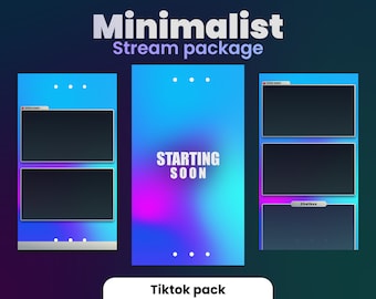 May include: A minimalist TikTok stream package with a blue background and a gradient of pink and purple. The package includes a starting soon screen, a chatbox, and a live stream screen.