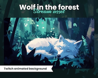 TWITCH GEANIMEERDE ACHTERGROND - Wolf in het bos - Geanimeerde achtergrond - Beekdecoratie - Geïllustreerde slapende wolf - Obs - Natuur Low-Fi