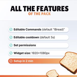 Pode incluir: Imagem com o texto "TODAS AS CARACTER&Iacute;STICAS DO PACOTE" e uma lista de recursos: Comandos edit&aacute;veis, Tempo de espera edit&aacute;vel, Definir permiss&otilde;es, Tamanho do widget: 1920x1080px e Configura&ccedil;&atilde;o em 2 min. Duas fatias de p&atilde;o no canto inferior direito.