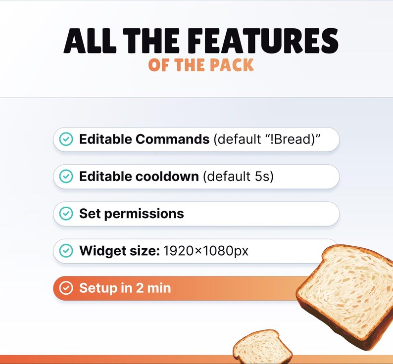 Pode incluir: Imagem com o texto "TODAS AS CARACTER&Iacute;STICAS DO PACOTE" e uma lista de recursos: Comandos edit&aacute;veis, Tempo de espera edit&aacute;vel, Definir permiss&otilde;es, Tamanho do widget: 1920x1080px e Configura&ccedil;&atilde;o em 2 min. Duas fatias de p&atilde;o no canto inferior direito.
