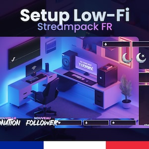 Peut inclure: Une configuration de streaming Twitch sur le thème du low-fi avec un schéma de couleurs violet et bleu. La configuration comprend un écran d'ordinateur, un clavier, une souris, une chaise, un microphone et une plante. L'écran affiche le texte "Le live est termine" qui se traduit par "Le stream est terminé".