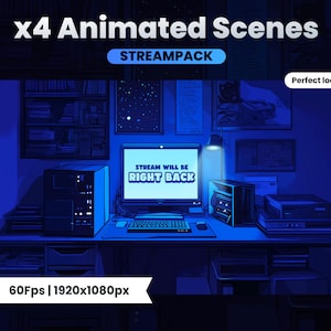 Op de afbeelding: Een blauwe geanimeerde scène met een computerscherm waarop de tekst "Stream will be right back" wordt weergegeven. De scène speelt zich af in een kamer met een boekenkast, een bureau en een lamp. De tekst "60fps | 1920x1080px" staat onderaan de afbeelding.