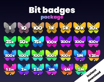 Op de afbeelding: Een set van 18 kleurrijke vlinder-vormige badges met nummers en tekst, zoals "1", "10", "100", "1K", "5K", "10K", "20K", "25K", "50K", "75K", "100K", "200K", "300K", "400K", "500K", "600K", "700K", "800K", "900K", "1M", "1,25M", "1,5M", "2M", "2,5M", "3M", "4M" en "5M". De badges zijn in rijen gerangschikt en bevinden zich op een donkerblauwe achtergrond.