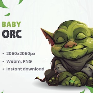 May include: A cartoon illustration of a green baby orc with closed eyes, sitting with its legs crossed. The orc is wearing a dark grey hooded cloak and has a light brown nose.