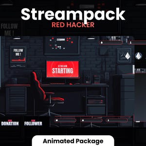 May include: A red and black animated stream pack for Twitch or YouTube. The pack includes a donation alert, a follower alert, a stream starting alert, and a chat window. The pack also includes a red hacker theme with a black background.