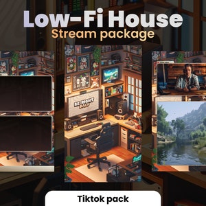 May include: A digital illustration of a low-fi house stream package with a desk, chair, computer, and other gaming accessories. The image includes a text overlay that says "Low-Fi House Stream package" and "Tiktok pack".