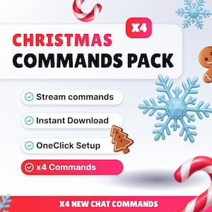 Può includere: Grafica promozionale per un pacchetto di prodotti a tema natalizio. Il design presenta il testo "CHRISTMAS COMMANDS PACK" in rosso e nero, con icone di fiocchi di neve, un omino di pan di zenzero e bastoncini di zucchero. Il pacchetto include comandi di streaming, download immediato e configurazione con un clic.