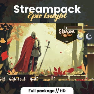 Op de afbeelding: Een digitale illustratie van een ridder in harnas die in een bos staat met rode en gele bladeren. De ridder draagt een rode mantel en houdt een zwaard vast. De tekst "Stream Offline" staat in een banner boven de ridder. De tekst "New Gift", "New Gifted sub" en "New Host" staat in een banner onder de ridder. De tekst "Full package // HD" staat onderaan de afbeelding.