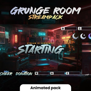 GRUNGE ROOM-overlayset | Twitch-streampakket | Low-Fi-geanimeerde neonruimte | Schermen, overlays, badges,... | Volledige set | Obs en Streamlabs