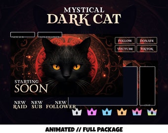Animated Mystical Dark Cat Twitch Overlays – Red and Black Stream Package