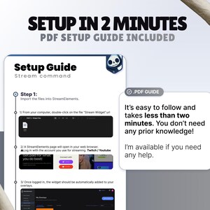 May include: A digital setup guide for stream commands featuring a step-by-step tutorial for StreamElements. The document includes text instructions, screenshots, and a callout box stating it is easy to follow and takes less than two minutes.