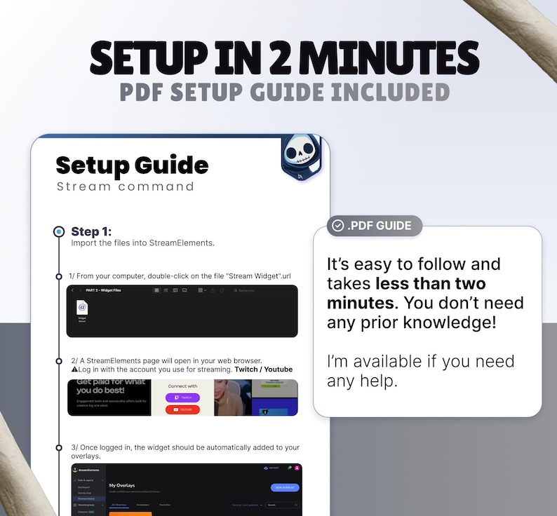 May include: A digital setup guide for stream commands featuring a step-by-step tutorial for StreamElements. The document includes text instructions, screenshots, and a callout box stating it is easy to follow and takes less than two minutes.