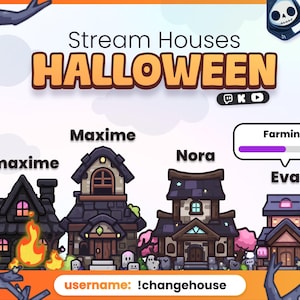 Op de afbeelding: Een digitale afbeelding getiteld Stream Houses HALLOWEEN met vier geïllustreerde huizen met de labels maxime, Maxime, Nora en Eva. De afbeelding bevat een voortgangsbalk met het label Farming, een schedelpictogram en de tekst !changehouse.