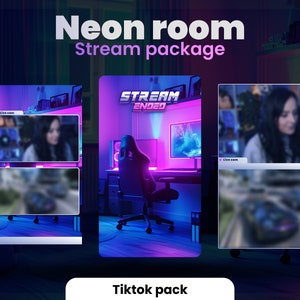 PACOTE TIKTOK STREAM - Pacote de telefone Néon para sala - Telas e alertas animados - Download instantâneo - Azul e Roxo - Sobreposições Cyber / Tiktok