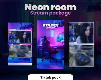 TIKTOK STREAM PACKAGE - Néon room phone package - Animated screens and alerts - Instant download - Blue and Purple - Cyber / Tiktok overlays