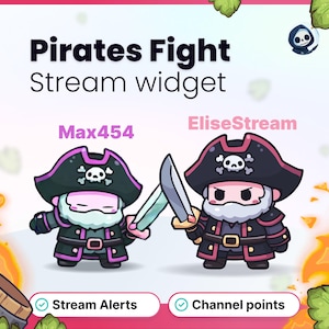 Op de afbeelding: Een illustratie voor een streamwidget getiteld "Pirates Fight". Twee cartoon piratenpersonages, "Max454" en "EliseStream", worden afgebeeld met zwaarden. De afbeelding bevat tekst voor "Stream Alerts" en "Channel points".