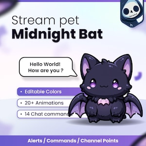 Pode incluir: Um gráfico digital apresentando um personagem de morcego roxo e preto com olhos grandes e um balão de fala dizendo Hello World! How are you? O texto inclui Stream pet Midnight Bat, Editable Colors, 20+ Animations, 14 Chat commands e Alerts / Commands / Channel Points.