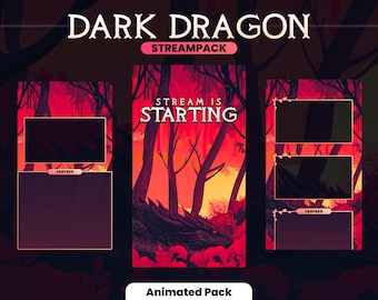 Puede incluir: Diseño Dark Dragon StreamPack con esquema de color rojo oscuro y negro. El diseño incluye superposiciones animadas para streaming, con el texto "Stream is Starting" y "Chatbox". El tema general es fantasía.