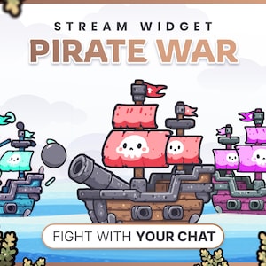 Puede incluir: Ilustración de dibujos animados de barcos piratas con velas rojas y rosas, calaveras y huesos cruzados, y el texto "PIRATE WAR". La imagen incluye el texto "FIGHT WITH YOUR CHAT". Los barcos están sobre un fondo azul.