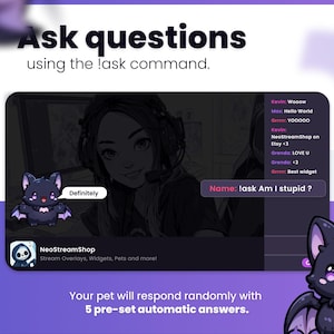 May include: A digital stream widget interface featuring a dark purple theme with a cartoon bat character. The display shows a chat box with user messages, a command input field labeled !ask Am I stupid ?, and a profile for NeoStreamShop.